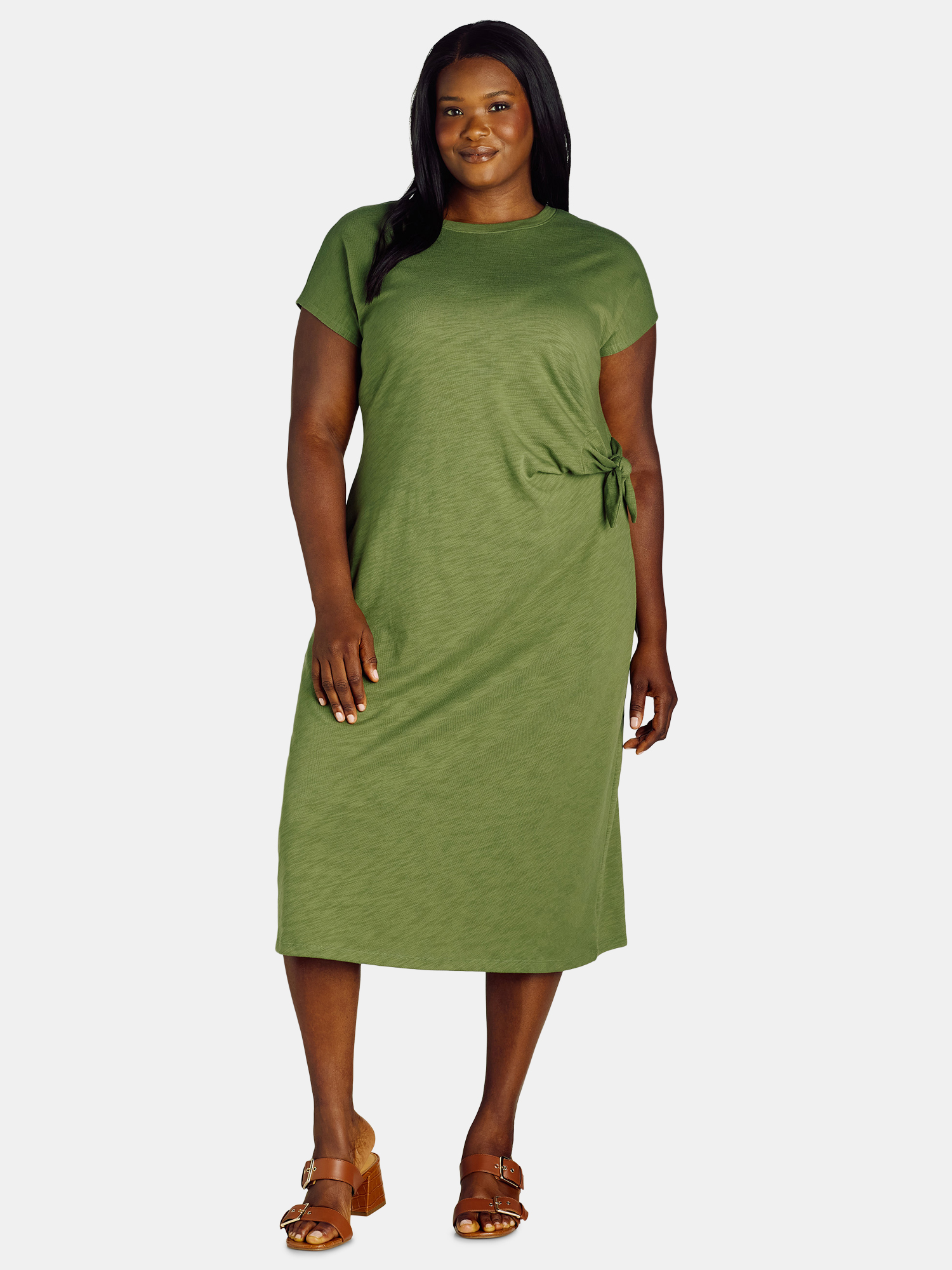 Time and Tru Women's and Women's Plus Side Tie Midi Dress with Short Sleeves, Sizes XS-4X